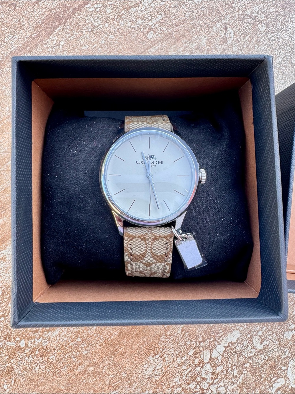 NWT Coach Women’s Silver Dial Watch with Beige Signature Strap